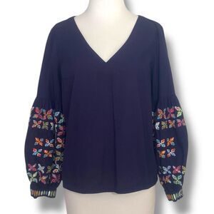 Maeve Sonja Anthropologie Top Blouse Size 4 Blue Embroidery Puffed Sleeves